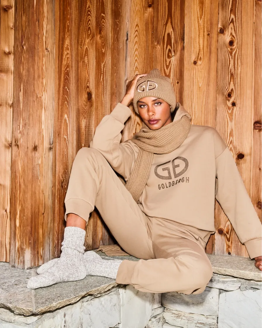 Woman is beige loungewear